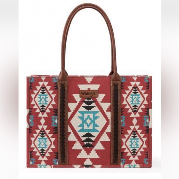 Wrangler Handbags - Wrangler Red Aztec Tote with Turquoise and Brown Accents